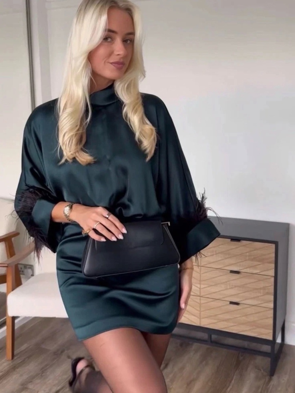 Zara Satin Mini Dress in Deep Teal with Feather Trim - Picture 4 of 12